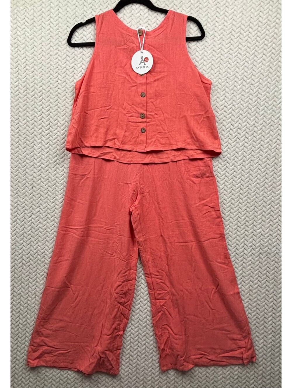 Anrabess Coral Sleeveless Two-Piece Set with Button Front Top and Wide Leg Pants